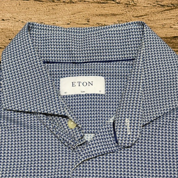 Eton Other - Eton Button Up Shirt Mens 17 Blue Slim Fit Performance Geometric Micro Print